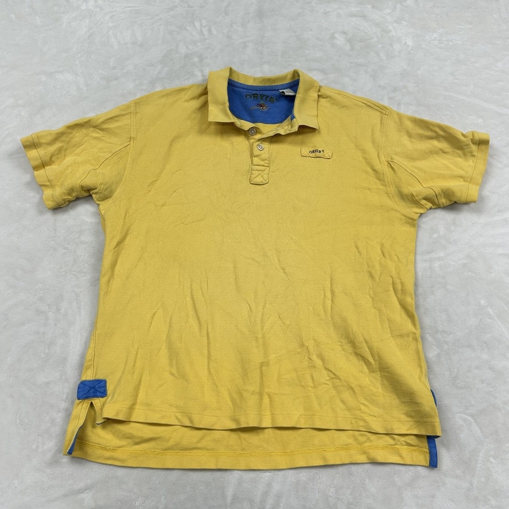 Orvis Polo Shirt Mens Large Yellow Short Sleeve Cotton Pique Contrast Trim